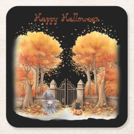 Schattigee heks en kat buiten poort Halloween Kartonnen Onderzetters