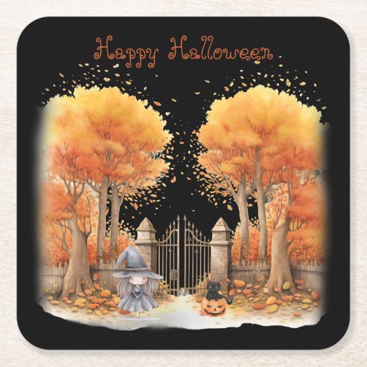 Schattigee heks en kat buiten poort Halloween Kartonnen Onderzetters (Voorkant)
