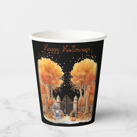 Schattigee heks en kat buiten poort Halloween Papieren Bekers (Voorkant)