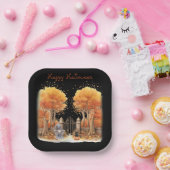 Schattigee heks en kat buiten poort Halloween Papieren Bordje (Feest)