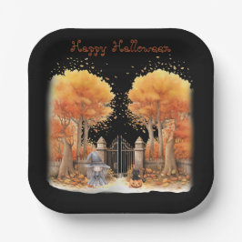 Schattigee heks en kat buiten poort Halloween Papieren Bordje