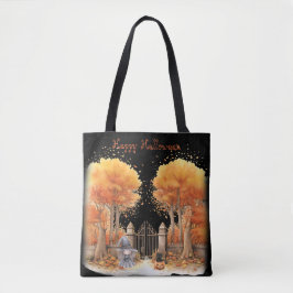 Schattigee heks en kat buiten poort Halloween Tote Bag