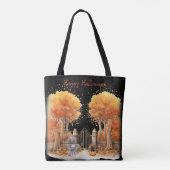 Schattigee heks en kat buiten poort Halloween Tote Bag (Achterkant)