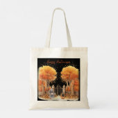 Schattigee heks en kat buiten poort Halloween Tote Bag (Achterkant)