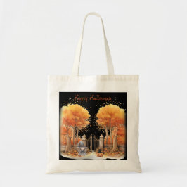 Schattigee heks en kat buiten poort Halloween Tote Bag