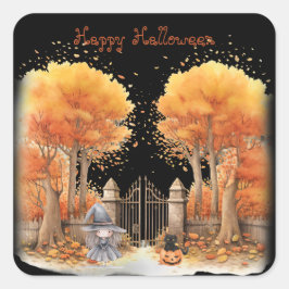 Schattigee heks en kat buiten poort Halloween Vierkante Sticker