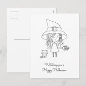 Schattigee Heks en Kat Halloween Kleurstof Feestdagenkaart (Voorkant / Achterkant)