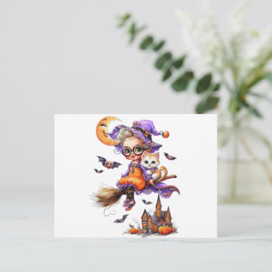 Schattigee heks en kitten op een bezem briefkaart (Staand voorkant)