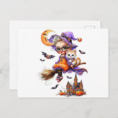 Schattigee heks en kitten op een bezem briefkaart (Voorkant / Achterkant)