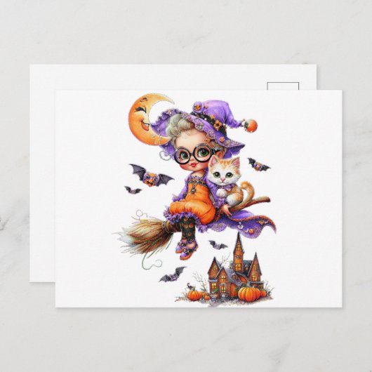 Schattigee heks en kitten op een bezem briefkaart (Voorkant / Achterkant)