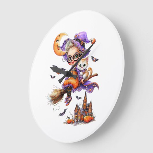 Schattigee heks en kitten op een bezem grote klok (Hoek)