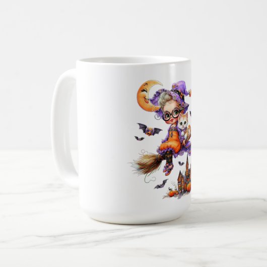 Schattigee heks en kitten op een bezem koffiemok (Voorkant links)