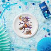 Schattigee heks en kitten op een bezem papieren bordje (Feest)