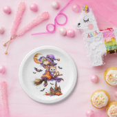 Schattigee heks en kitten op een bezem papieren bordje (Feest)