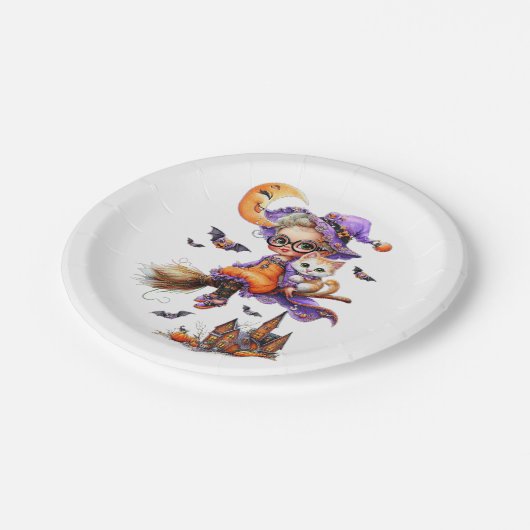 Schattigee heks en kitten op een bezem papieren bordje (Gekanteld)