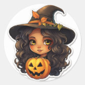 Schattigee heks en pompoen Halloween Ronde Sticker (Voorkant)