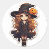 Schattigee heks en pompoen Halloween Trick or trea Ronde Sticker (Voorkant)