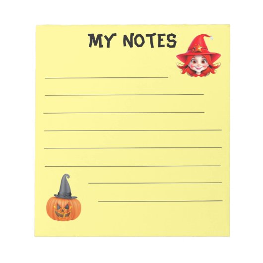 Schattigee heks en pompoen met pet notitieblok (Voorkant)