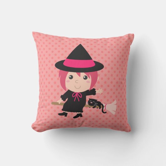 Schattigee heks en zwarte kat op vliegende bezem kussen (Voorkant)