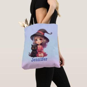 Schattigee heks en zwarte kat roze en blauw Hallow Tote Bag