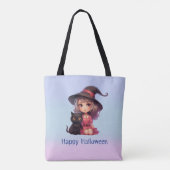 Schattigee heks en zwarte kat roze en blauw Hallow Tote Bag (Achterkant)