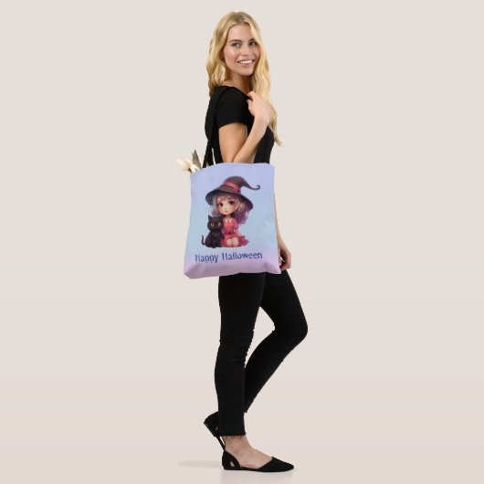 Schattigee heks en zwarte kat roze en blauw Hallow Tote Bag (Op model)