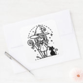Schattigee heks en zwarte kattendoodle vierkante sticker (Envelop)