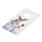 Schattigee heks Holding Black Cat Thunder_Cove Creditkaart Flessenopener (Voorkant Gekanteld)