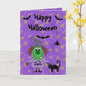 Schattigee heks, kat, vleermuizen en spin Paarse H Kaart (Gele Bloem)