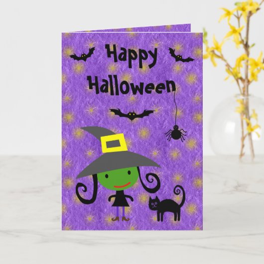 Schattigee heks, kat, vleermuizen en spin Paarse H Kaart (Gele Bloem)