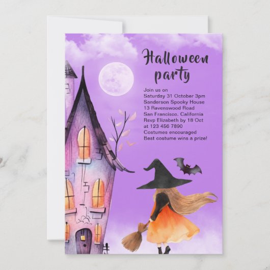 Schattigee heks Kinder Halloween Party Paarse Kaart (Voorkant)