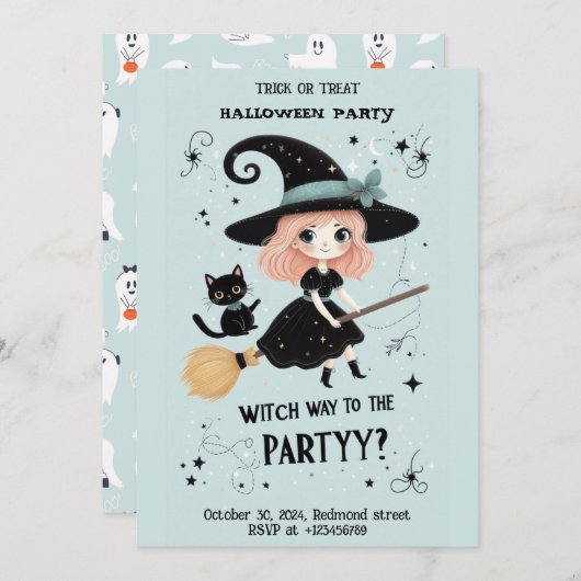 Schattigee heks met Halloween Pun Party Kaart (Voorkant / Achterkant)