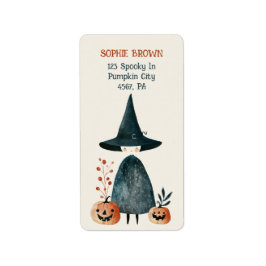 Schattigee heks met pompoenen Halloween retouradre Etiket