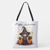 Schattigee heks met zwarte katten en pompoenen tote bag (Achterkant)