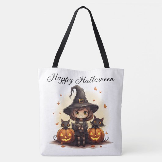 Schattigee heks met zwarte katten en pompoenen tote bag (Achterkant)