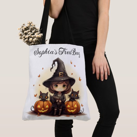 Schattigee heks met zwarte katten en pompoenen tote bag (Dichtbij)
