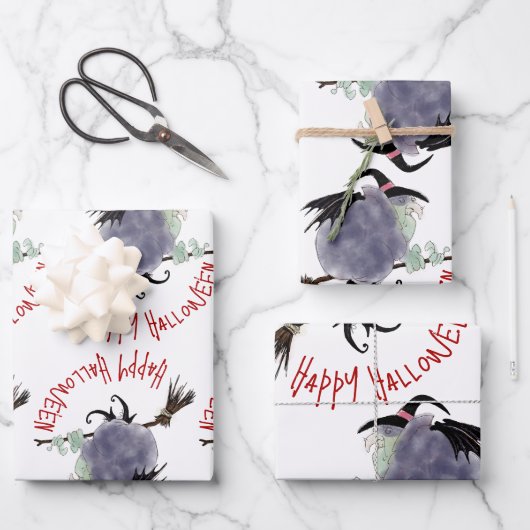 Schattigee heks op haar bezemsteel Halloween 3xWPS Inpakpapier Vel (Voorkant)
