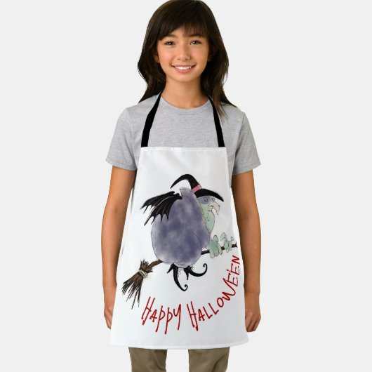 Schattigee heks op haar bezemsteel Halloween Kinde Schort (Insitu)
