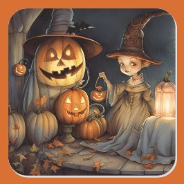 Schattigee heks pompoen halloween vleermuis vierkante sticker