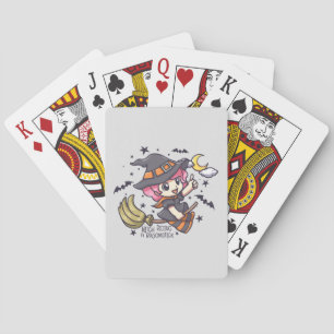 Schattigee heks rijden op een bezemsteel pokerkaarten