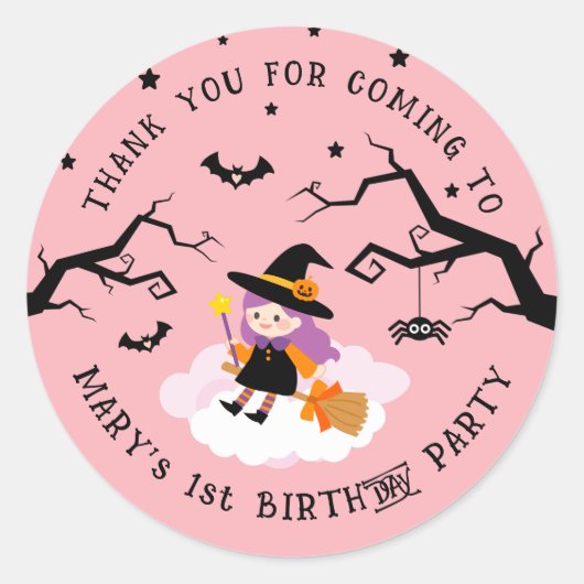 Schattigee heks roze halloween verjaardagsfeestje  ronde sticker (Voorkant)