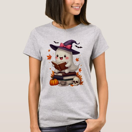Schattigee heks spook lezen boek Halloween T-shirt (Voorkant)