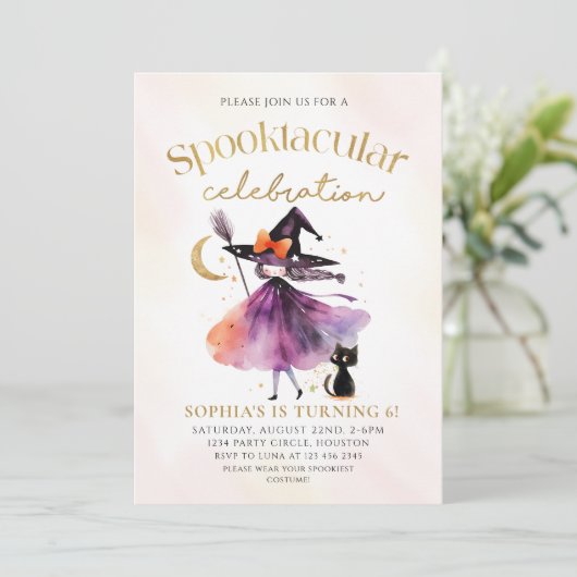 Schattigee heks Spooktacular Party Halloween Verja Kaart (Staand voorkant)