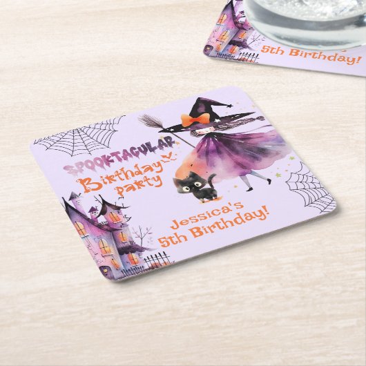 Schattigee heks Spooktacular Verjaardag Halloween Kartonnen Onderzetters (Schuin)