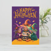 Schattigee heksen brouwen een drankje Halloween Kaart (Staand voorkant)