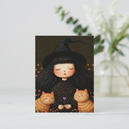 Schattigee Heksen en Katten Halloween Briefkaart (Staand voorkant)