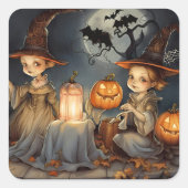 Schattigee heksen pompoen halloween vleermuizen vierkante sticker (Voorkant)