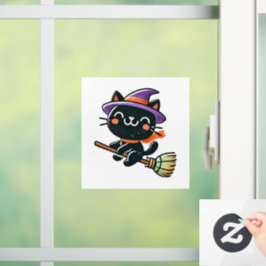 Schattigee heksenkat die op een bezem vliegt - Hal Raamsticker