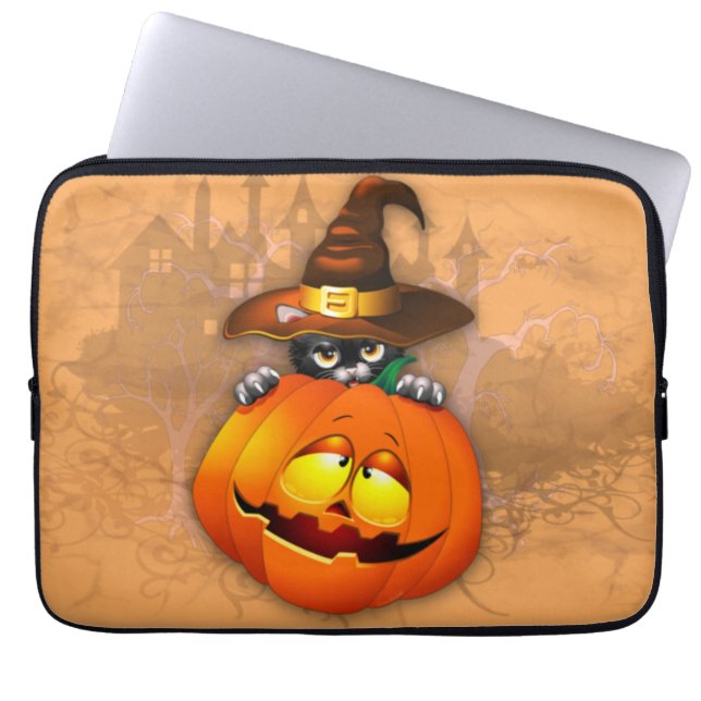 Schattigee heksenkat en pompoen Halloween vrienden Laptop Sleeve (Voorkant)