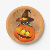 Schattigee heksenkat en pompoen Halloween vrienden Papieren Bordje (Voorkant)